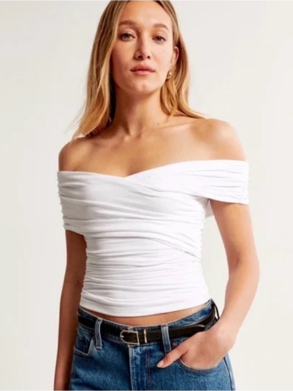 Abercrombie & Fitch White Off-Shoulder Ruched Top